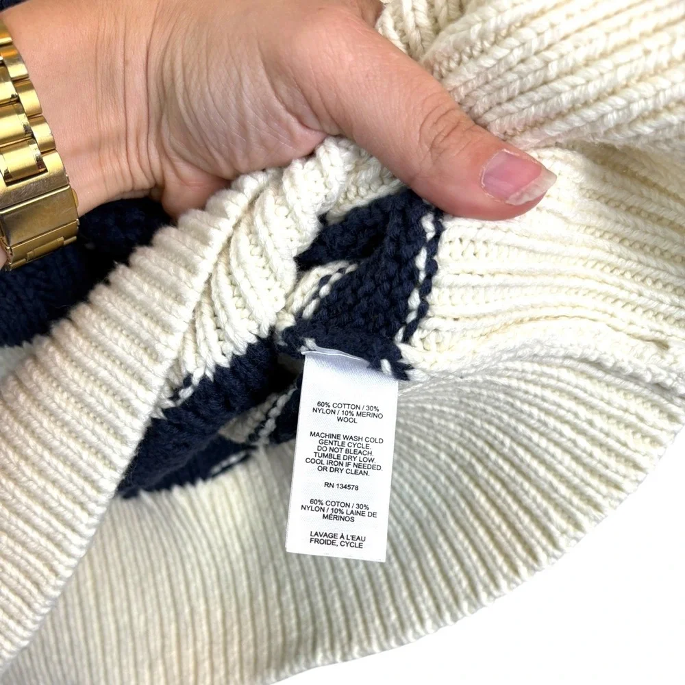 Vineyard Vines Womens Cream Navy Striped Cable Knit Merino Wool Blend Sweater 2X